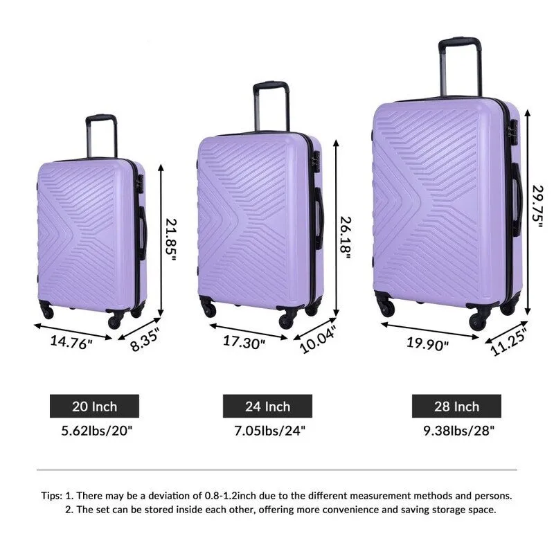 3PCS ABS Lightweight Suitcase Luggage Set with Two Hooks and TSA Lock