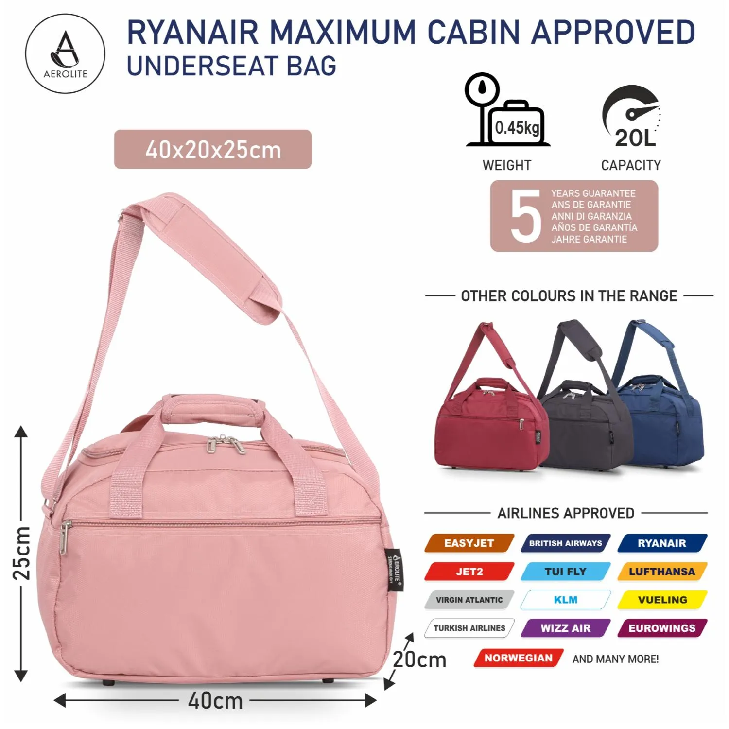 Aerolite Ryanair Maximum Cabin Bag (40x20x25cm) With 5 Years Guarantee, New and Improved 2025 Holdall Cabin Luggage Under Seat Flight Bag