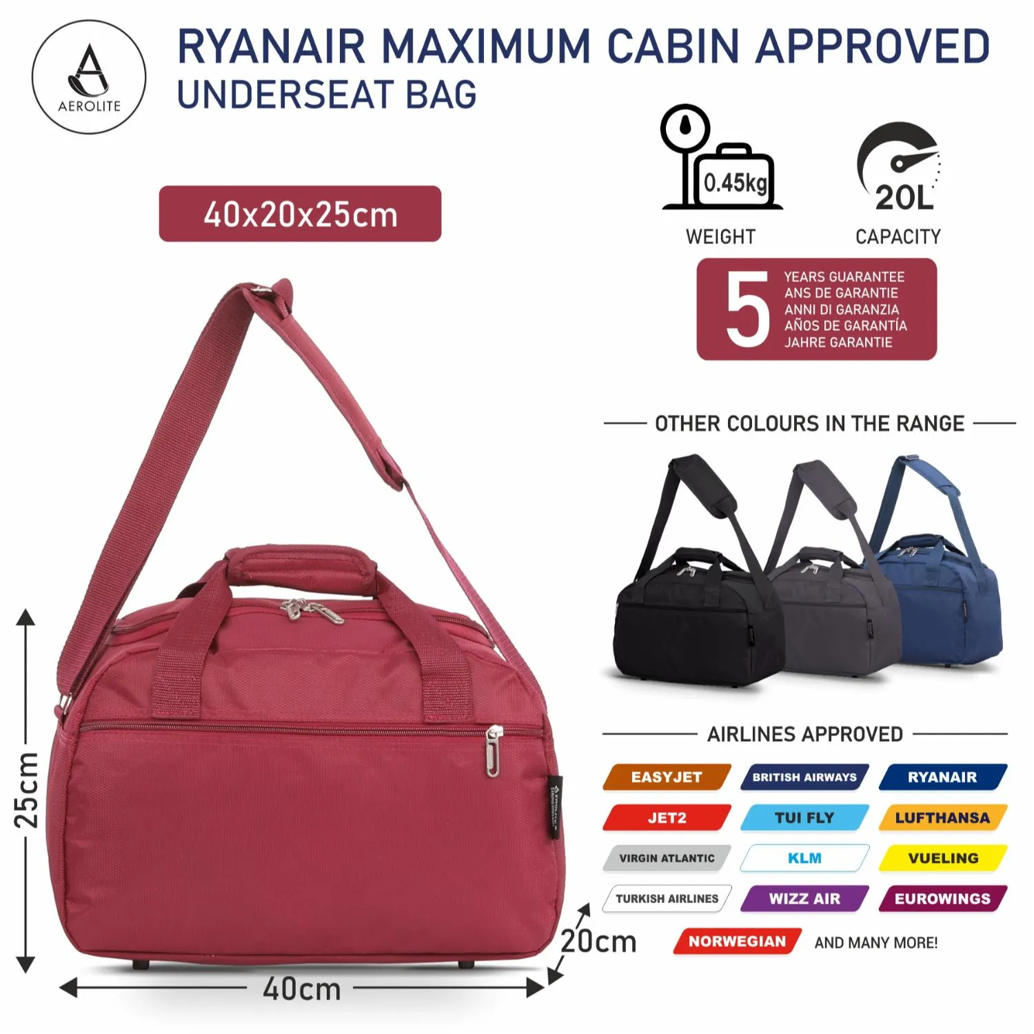 Aerolite Ryanair Maximum Cabin Bag (40x20x25cm) With 5 Years Guarantee, New and Improved 2025 Holdall Cabin Luggage Under Seat Flight Bag