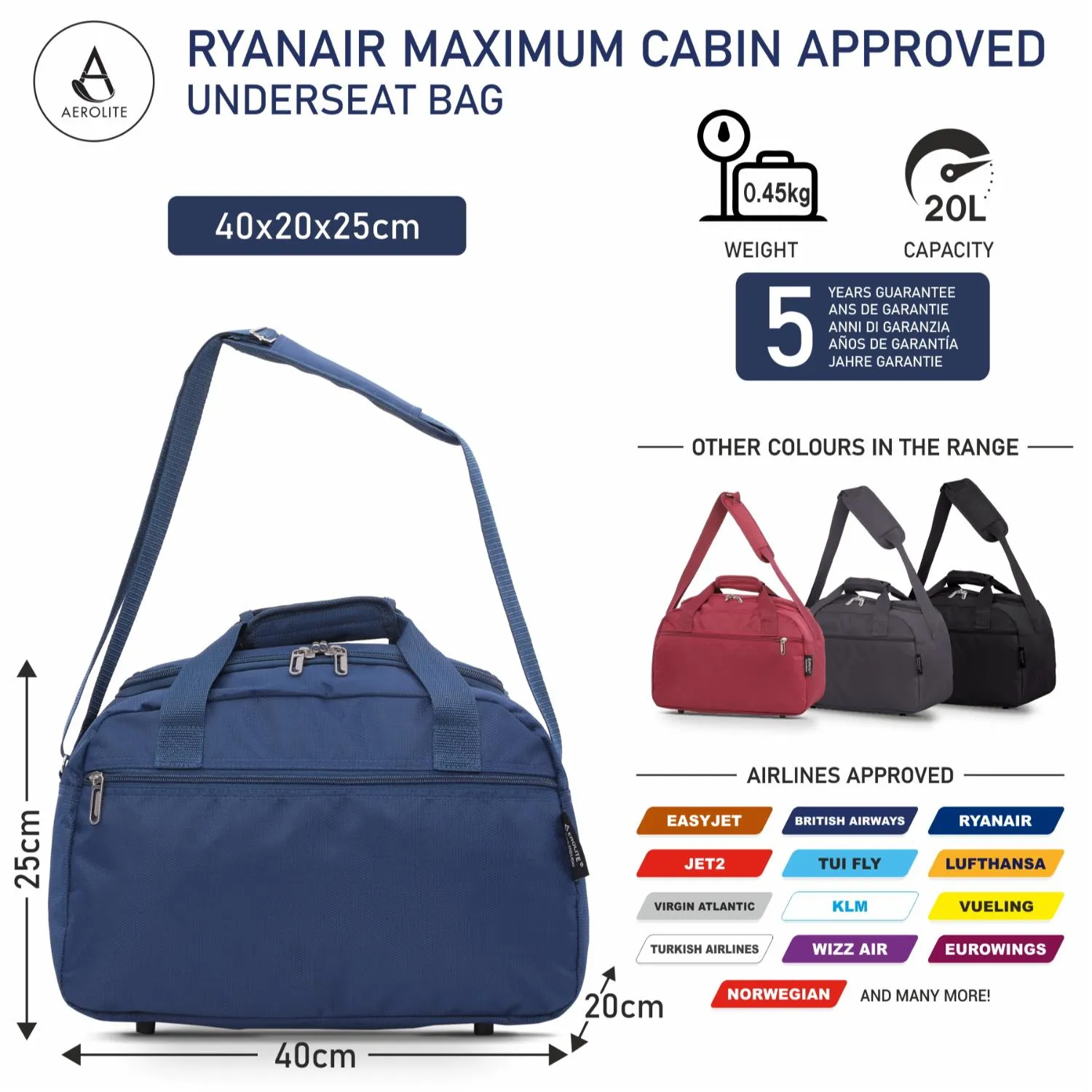 Aerolite Ryanair Maximum Cabin Bag (40x20x25cm) With 5 Years Guarantee, New and Improved 2025 Holdall Cabin Luggage Under Seat Flight Bag