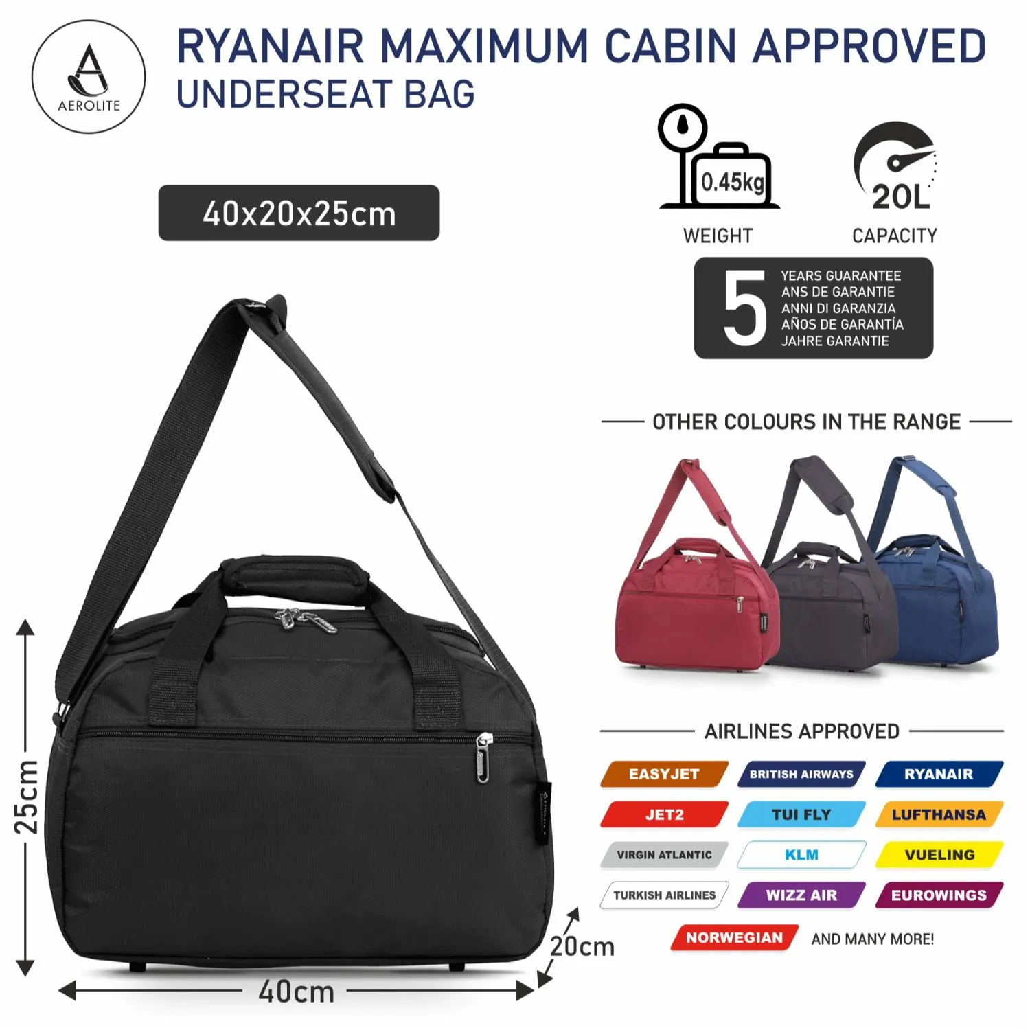Aerolite Ryanair Maximum Cabin Bag (40x20x25cm) With 5 Years Guarantee, New and Improved 2025 Holdall Cabin Luggage Under Seat Flight Bag