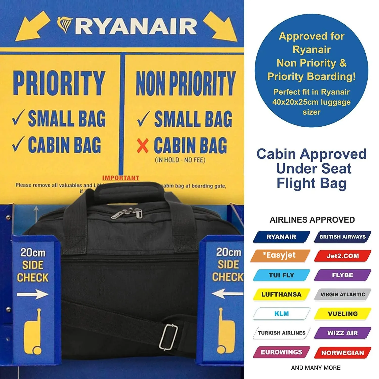 Aerolite Ryanair Maximum Cabin Bag (40x20x25cm) With 5 Years Guarantee, New and Improved 2025 Holdall Cabin Luggage Under Seat Flight Bag