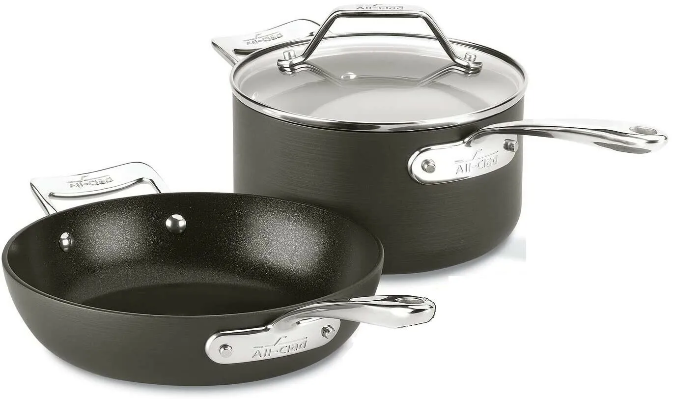 All-Clad Essentials Nonstick 2.5 sauce Pan and 8.5 Inch Fry set AND All-Clad Essentials Nonstick 2.5 sauce Pan and 8.5 Inch Fry set AND All-Clad Professional Stainless Steel Kitchen Tool Set, 5-Piece, Non-stick utensils