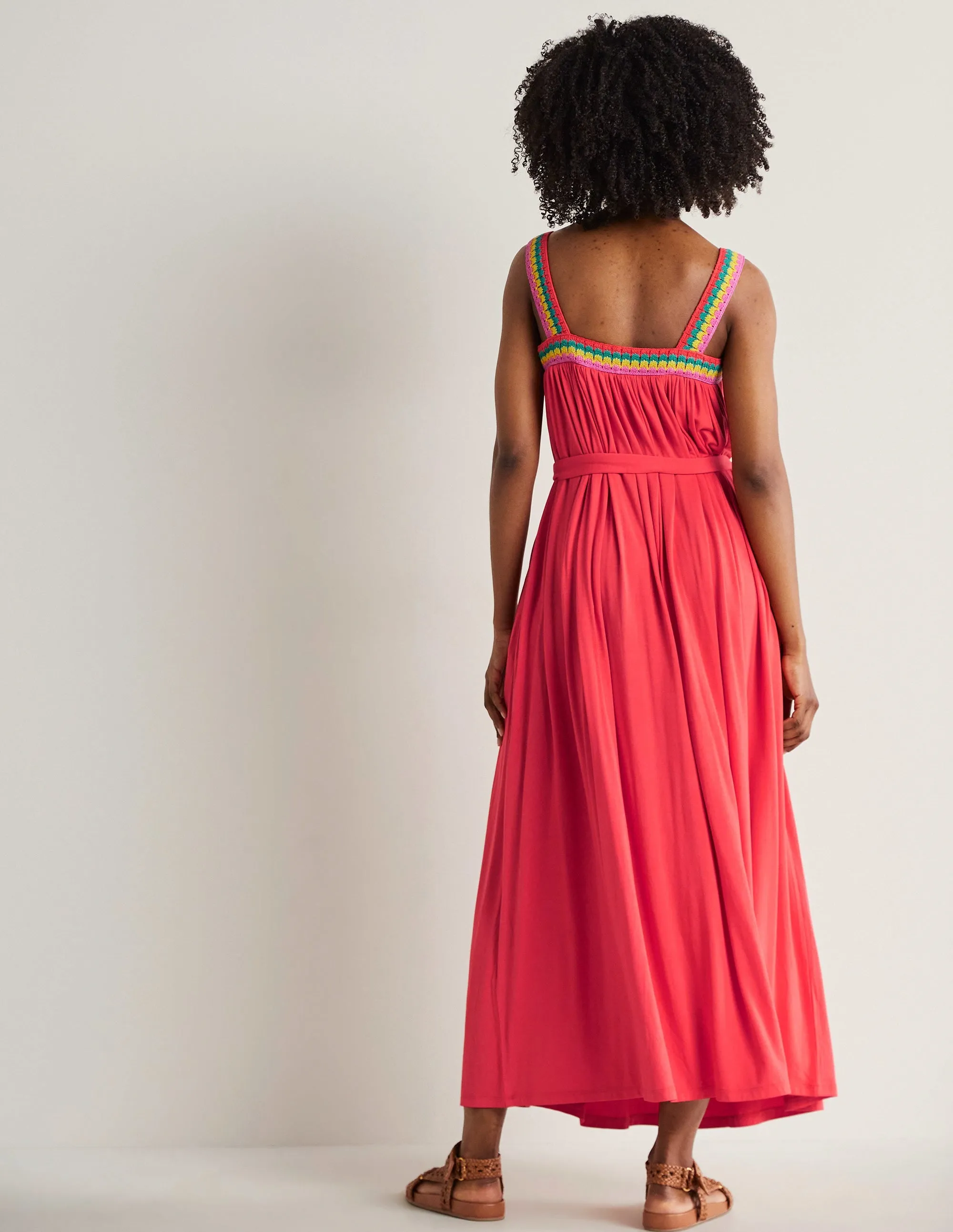 Crochet Trim Jersey Maxi Dress-Hot Coral