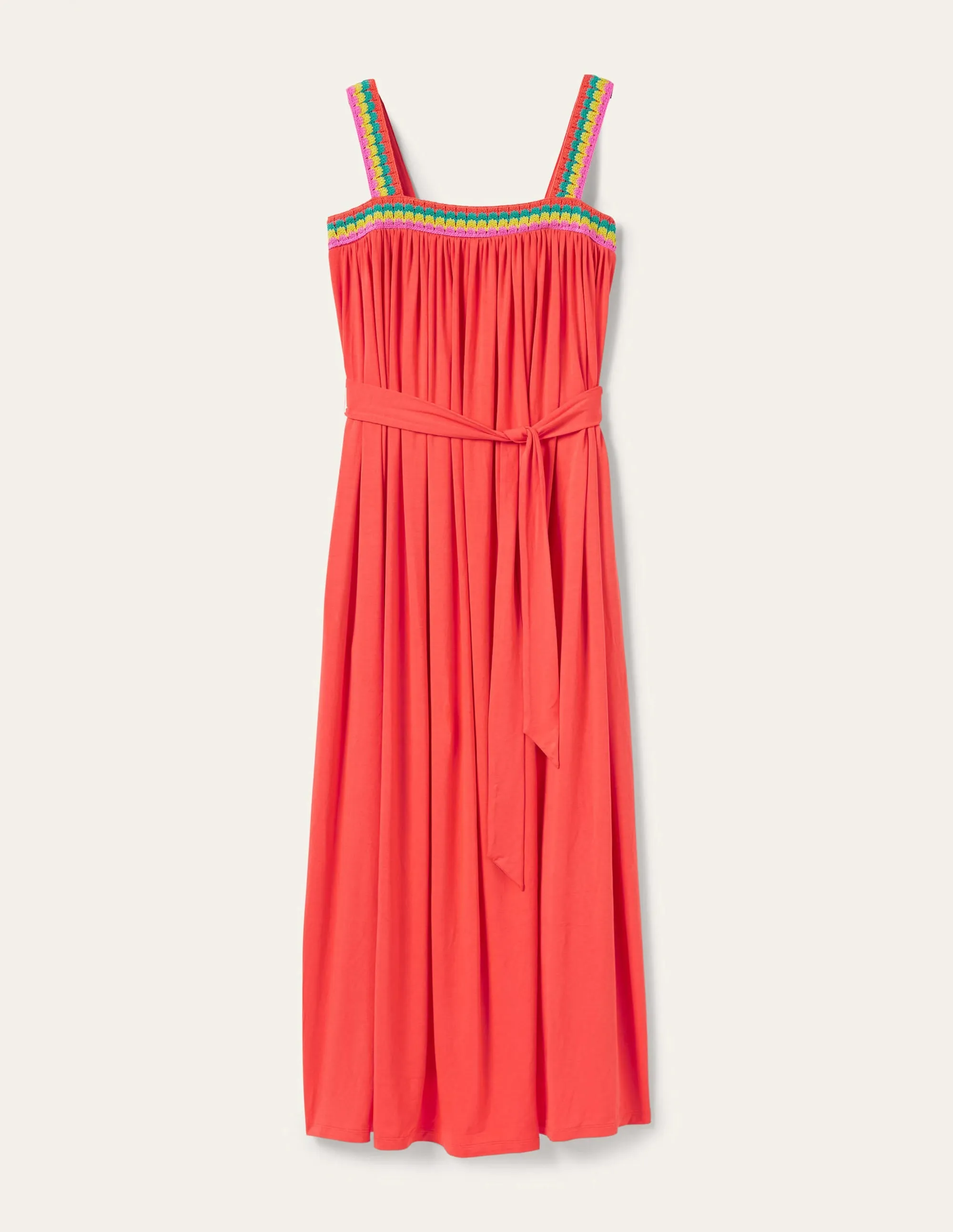Crochet Trim Jersey Maxi Dress-Hot Coral
