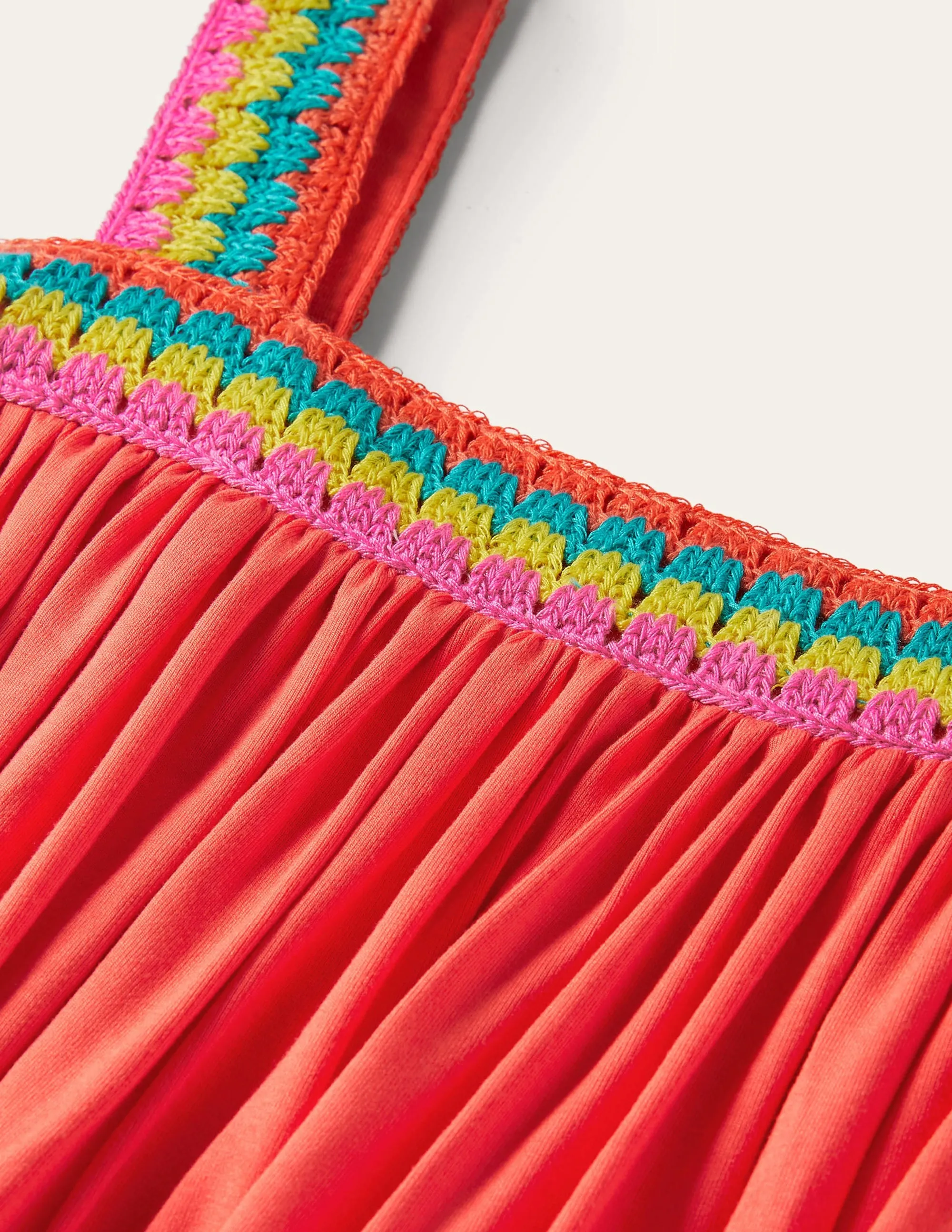 Crochet Trim Jersey Maxi Dress-Hot Coral