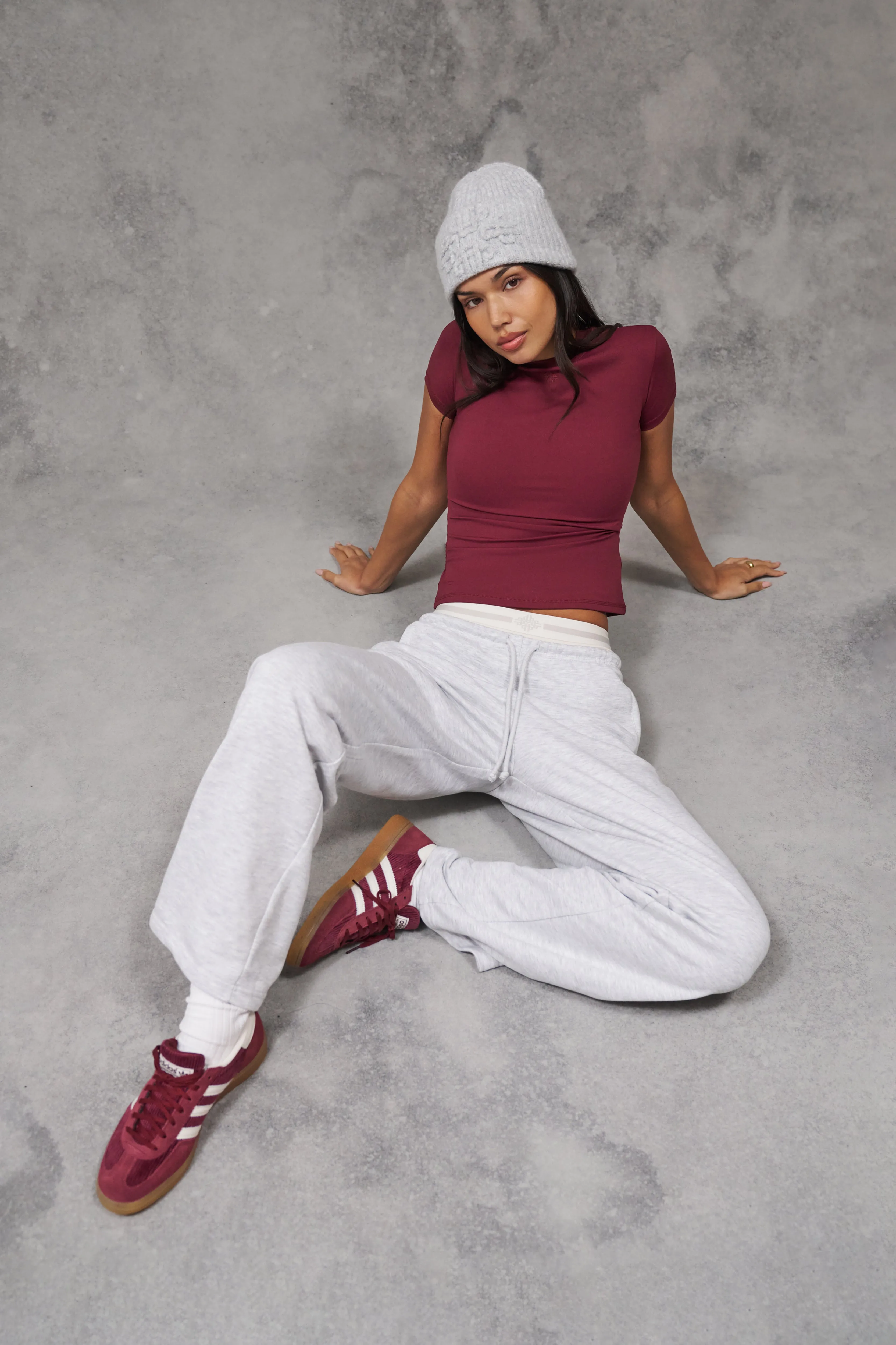 DOUBLE WAISTBAND WIDE LEG JOGGERS - GREY MARL