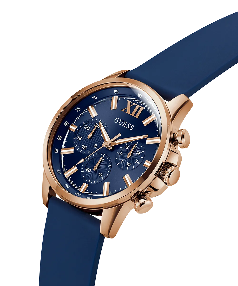 GUESS Mens Blue Rose Gold Tone Multi-function Watch