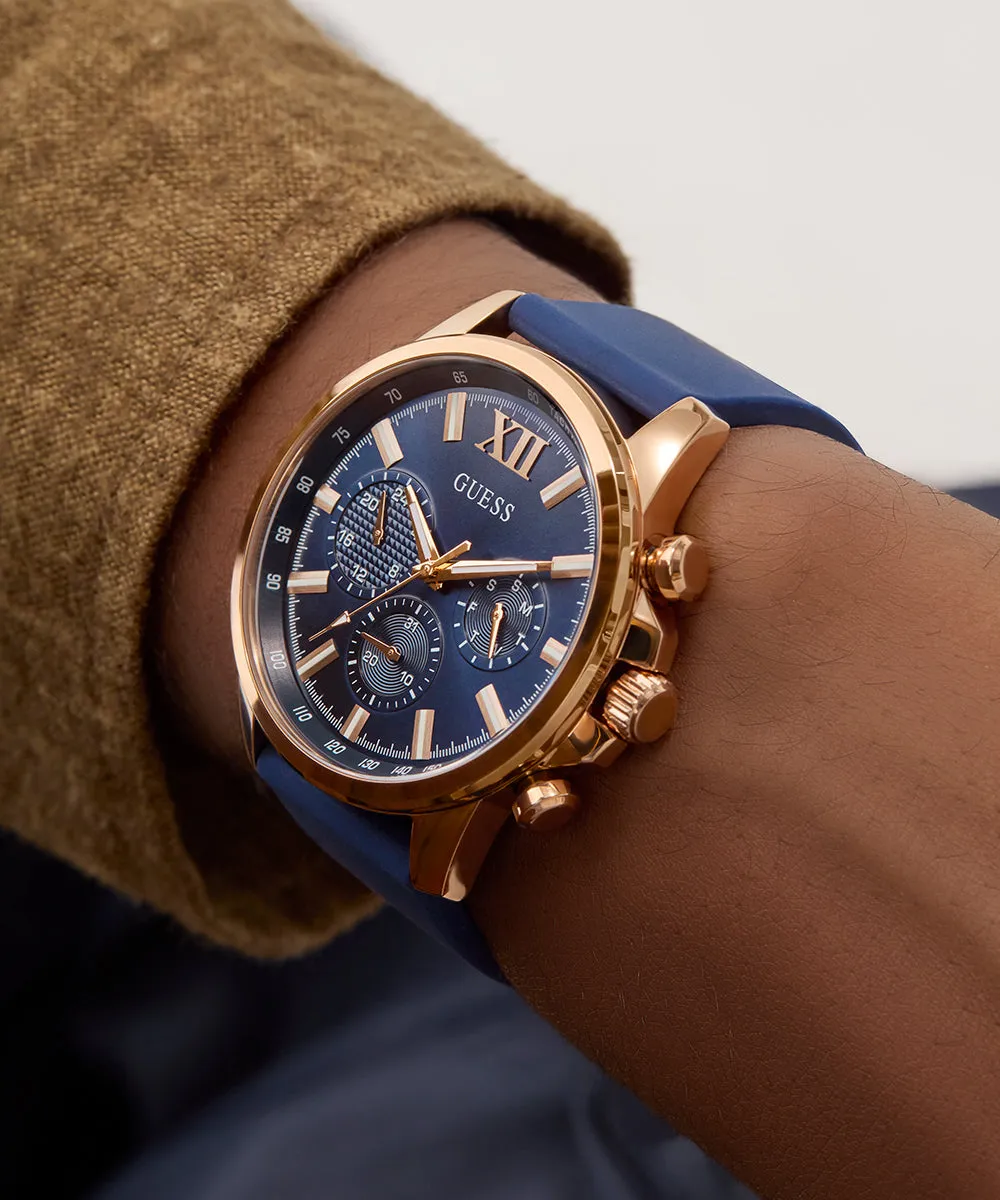 GUESS Mens Blue Rose Gold Tone Multi-function Watch