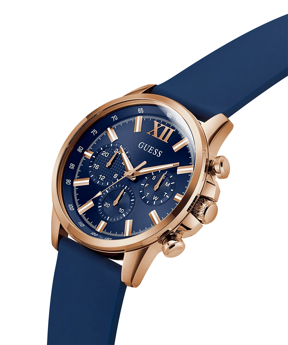 GUESS Mens Blue Rose Gold Tone Multi-function Watch