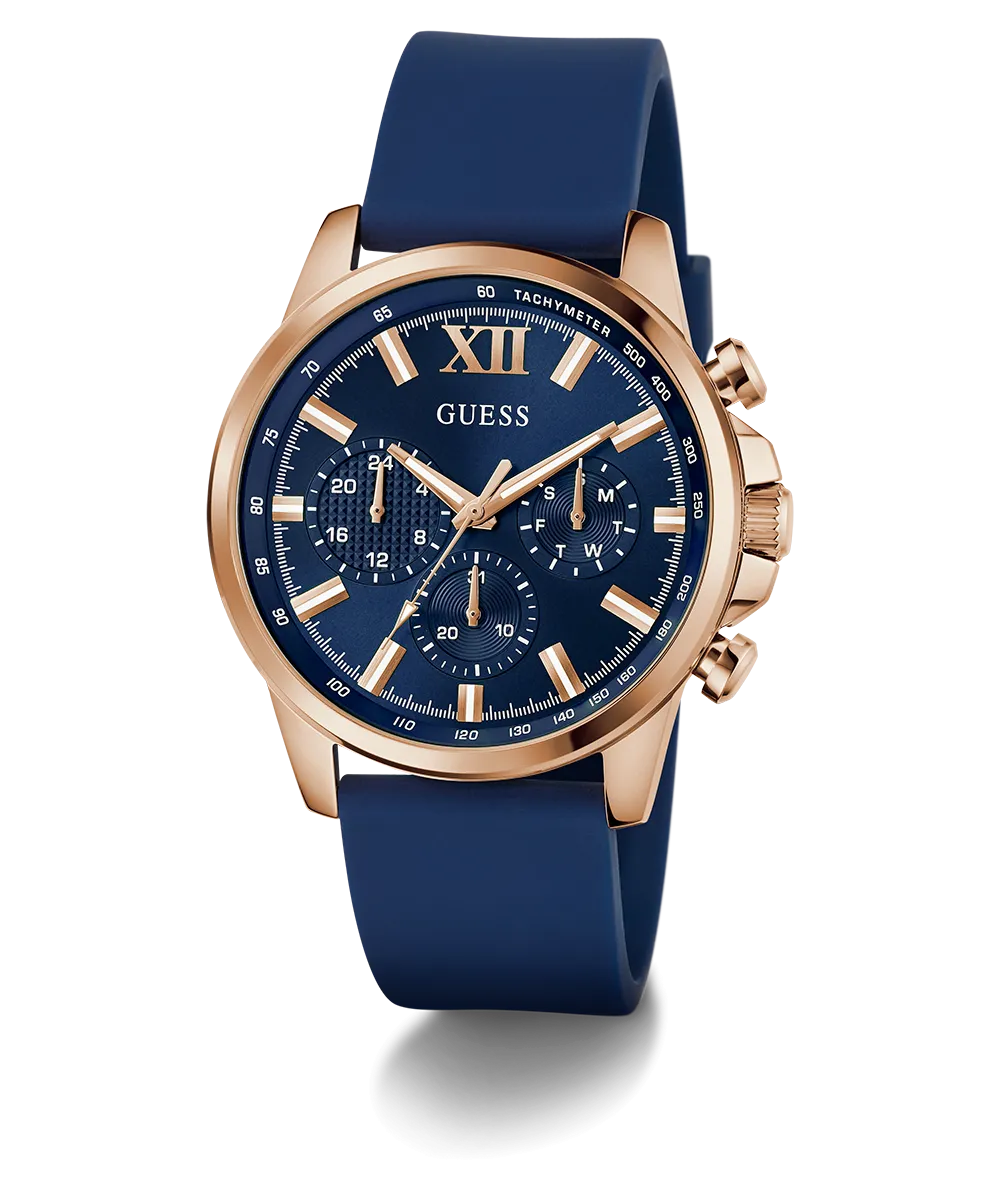 GUESS Mens Blue Rose Gold Tone Multi-function Watch
