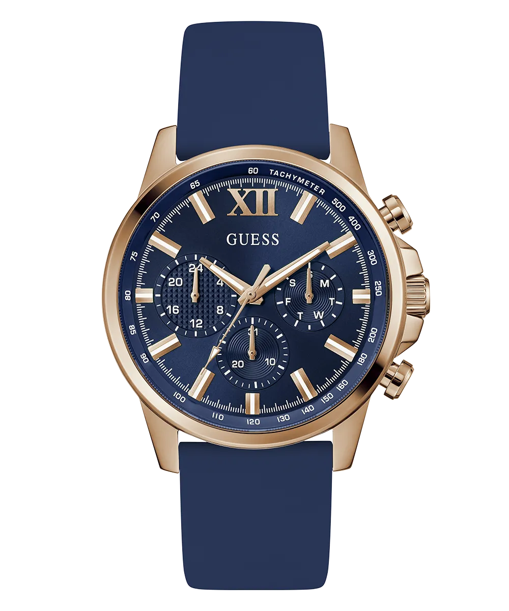 GUESS Mens Blue Rose Gold Tone Multi-function Watch