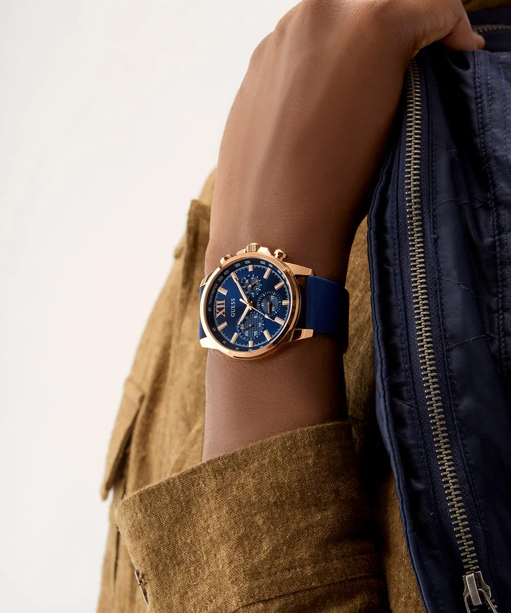 GUESS Mens Blue Rose Gold Tone Multi-function Watch