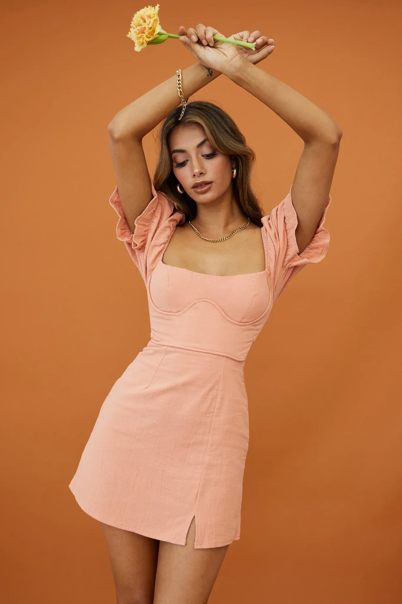 Norma Jean Puff Sleeve Piping Trim Mini Dress Apricot