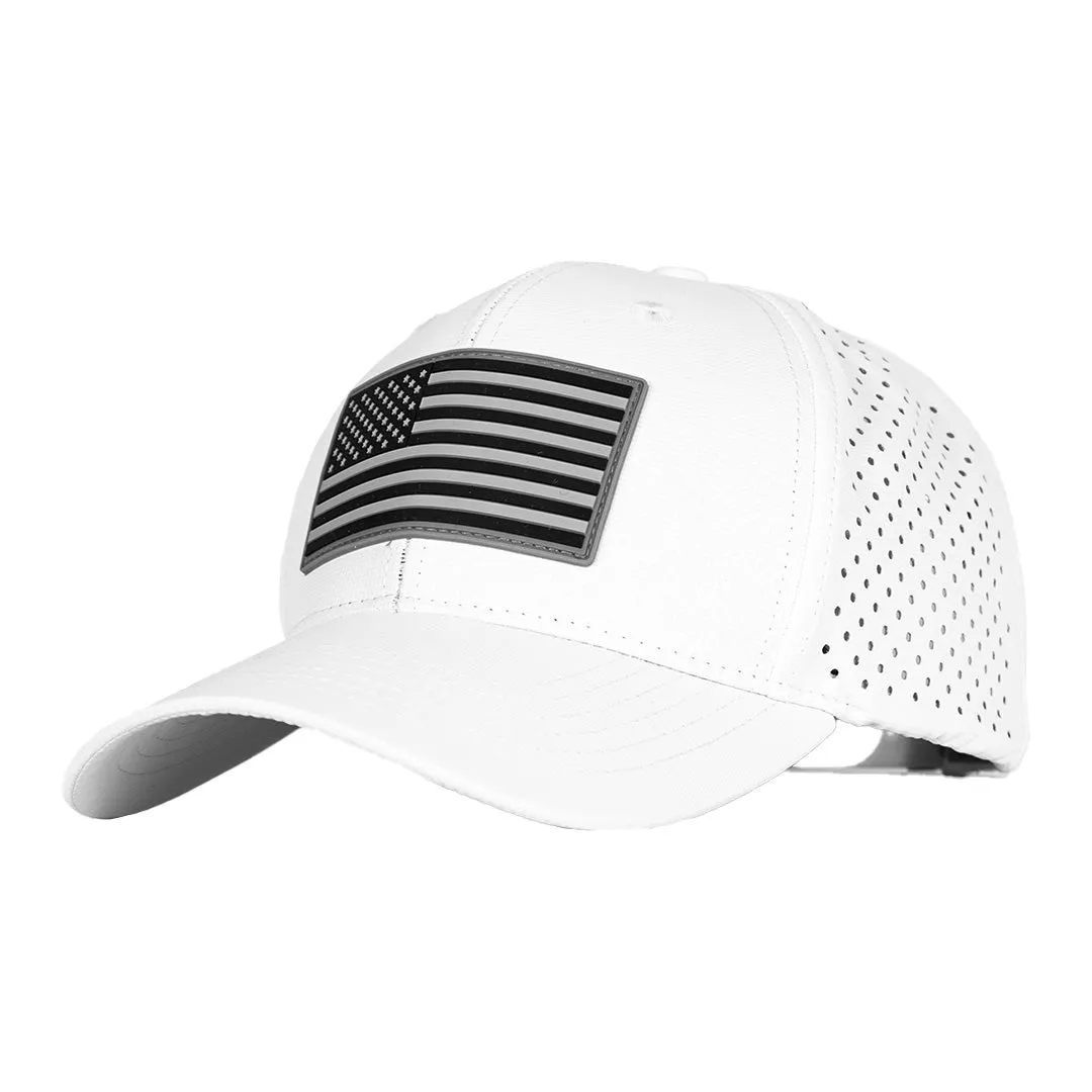 Performance Snapback| Blackout American Flag | White
