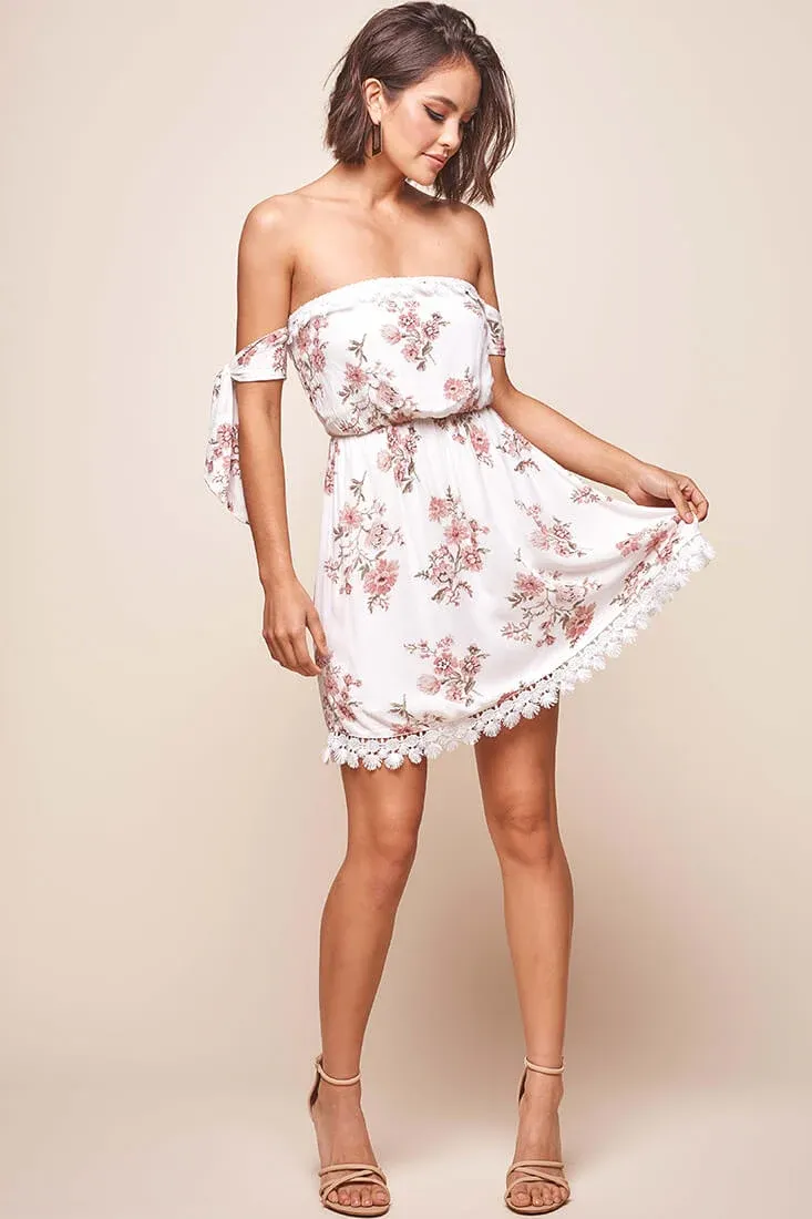 Polly Bardot Embroidery Fringe Dress White
