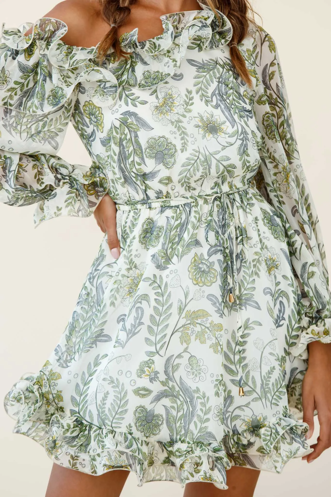 Rhiannon Off-Shoulder Lettuce Frill Dress Floral Print White