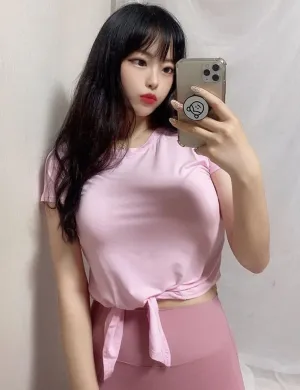 Tie Up Crop Top Short Sleeve T-Shirt lightpink ins_Golf