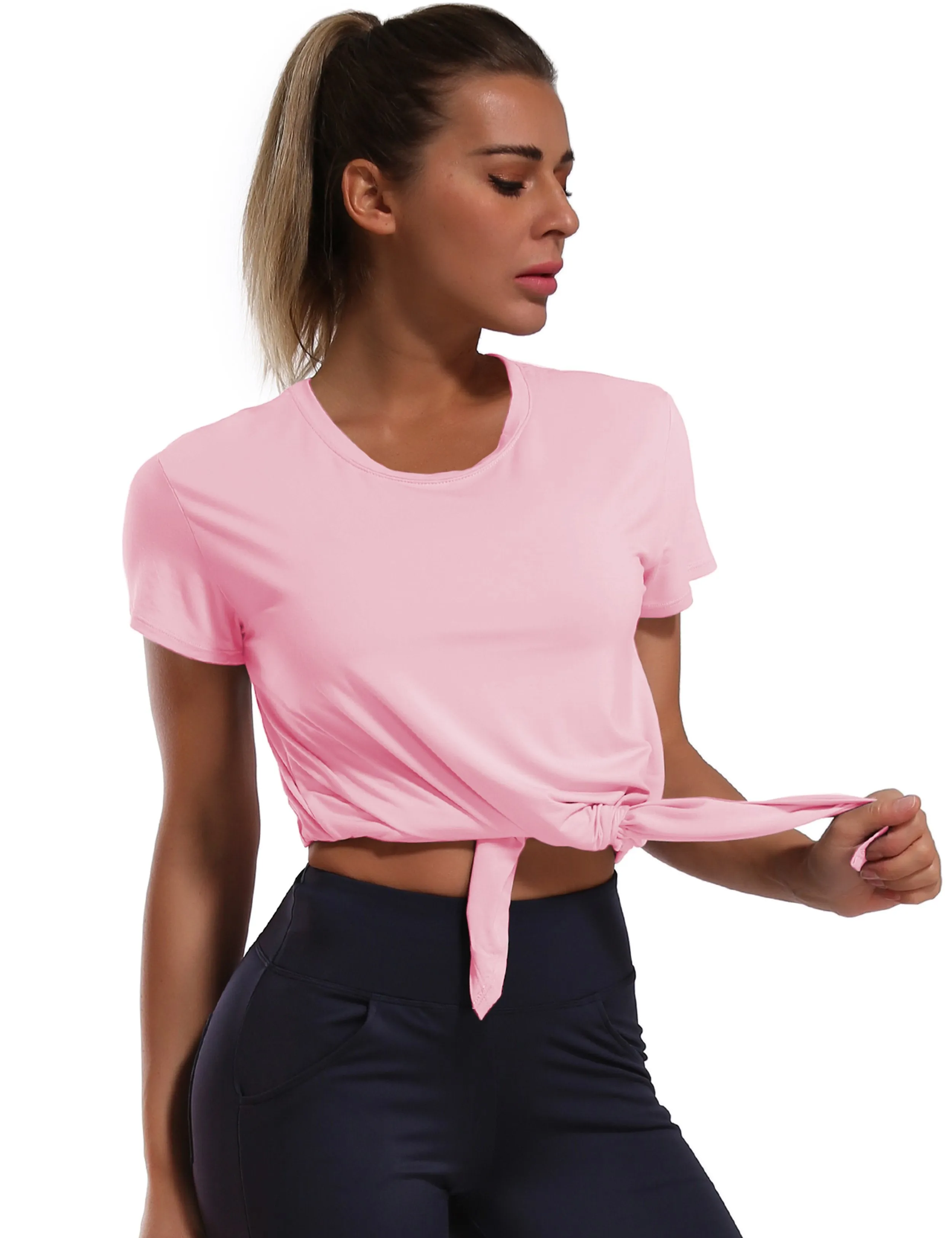 Tie Up Crop Top Short Sleeve T-Shirt lightpink ins_Golf