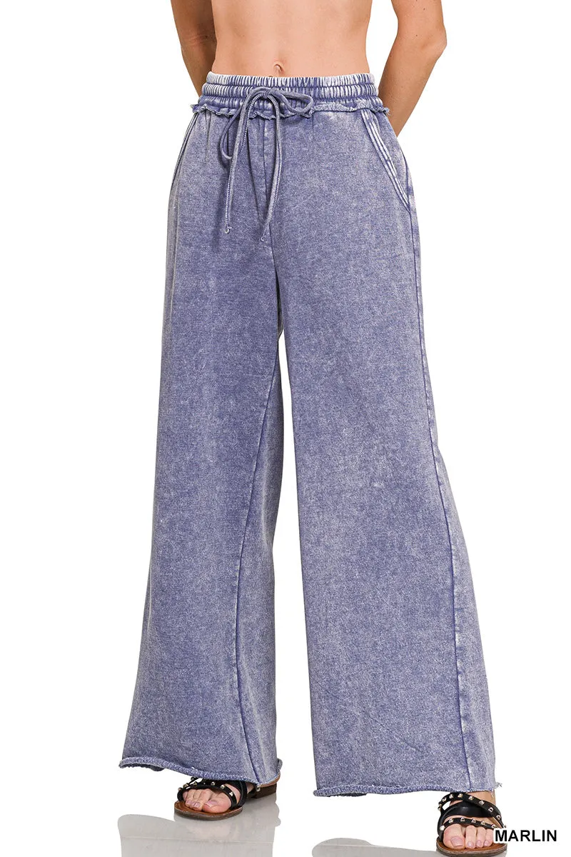 Zenana Acid Washed Fleece Palazzo Sweat Pant OPW-4343Y