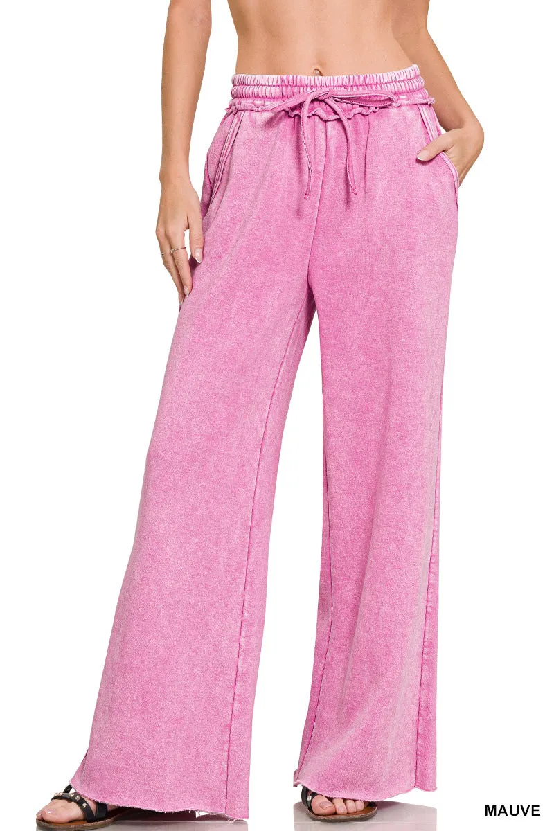 Zenana Acid Washed Fleece Palazzo Sweat Pant OPW-4343Y