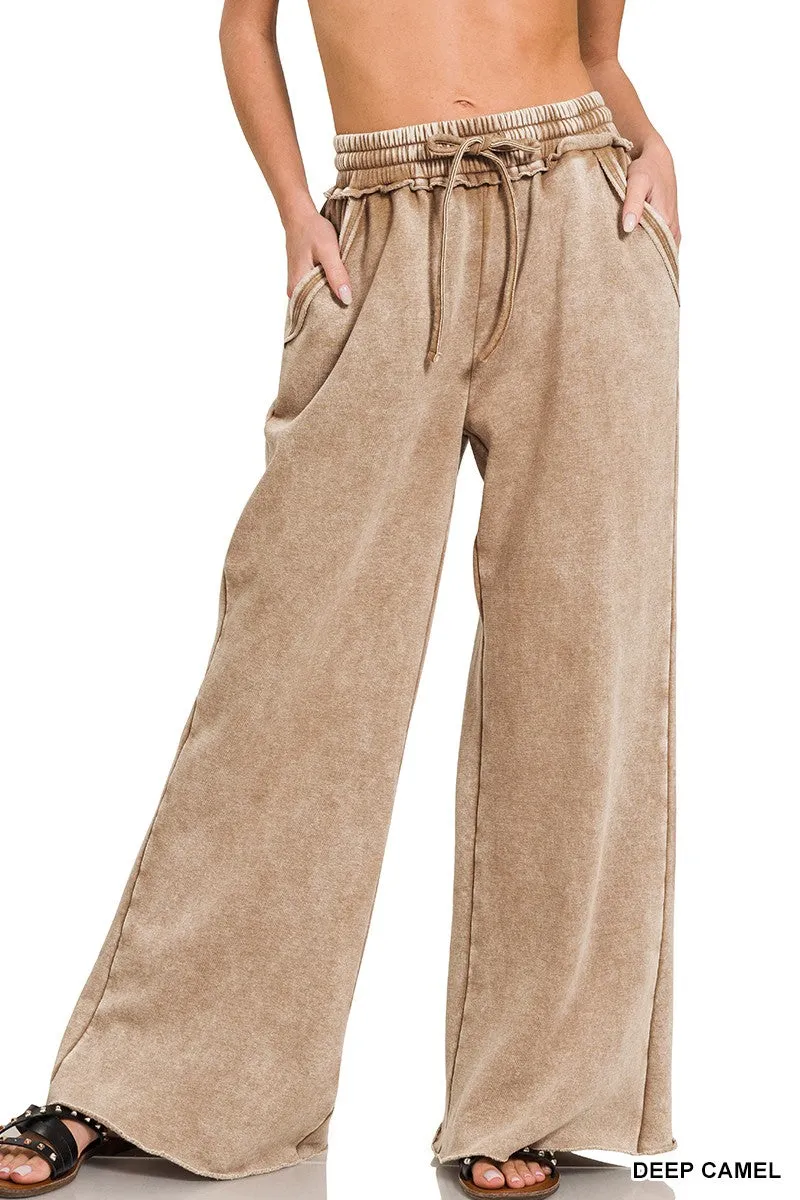 Zenana Acid Washed Fleece Palazzo Sweat Pant OPW-4343Y