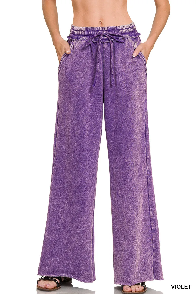 Zenana Acid Washed Fleece Palazzo Sweat Pant OPW-4343Y