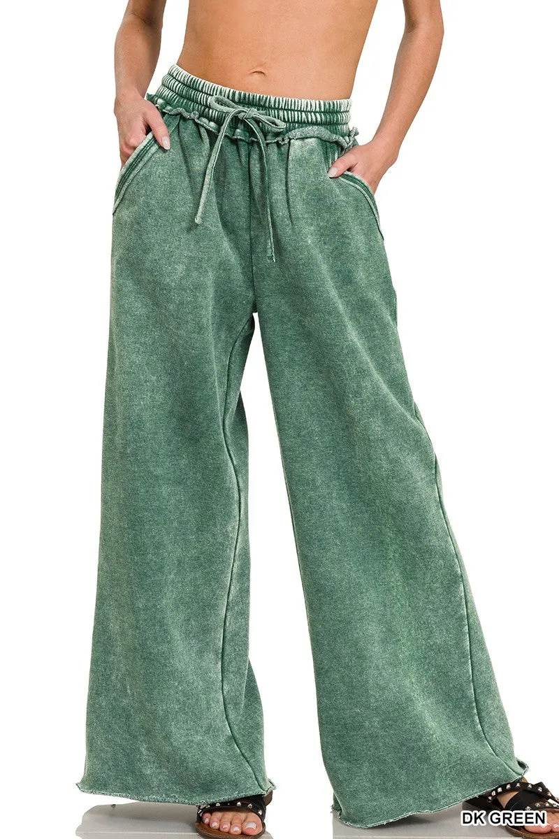 Zenana Acid Washed Fleece Palazzo Sweat Pant OPW-4343Y